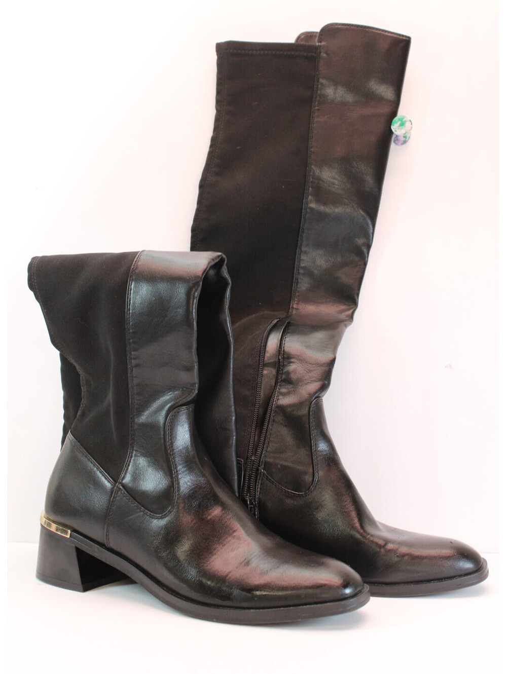 Blk UNISA Knee-Hi Unaklen-T Faux Leather Expand. Calf Zip Ankle 8.5M Gold Spur